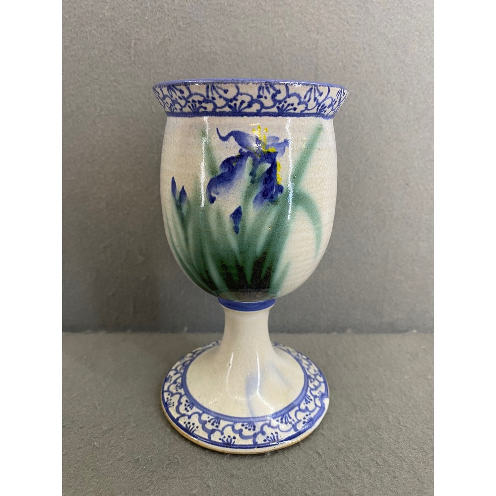 Ruthann Maze Hand Painted Ceramic Goblet Blue Iris Floral Glaze Boulder
